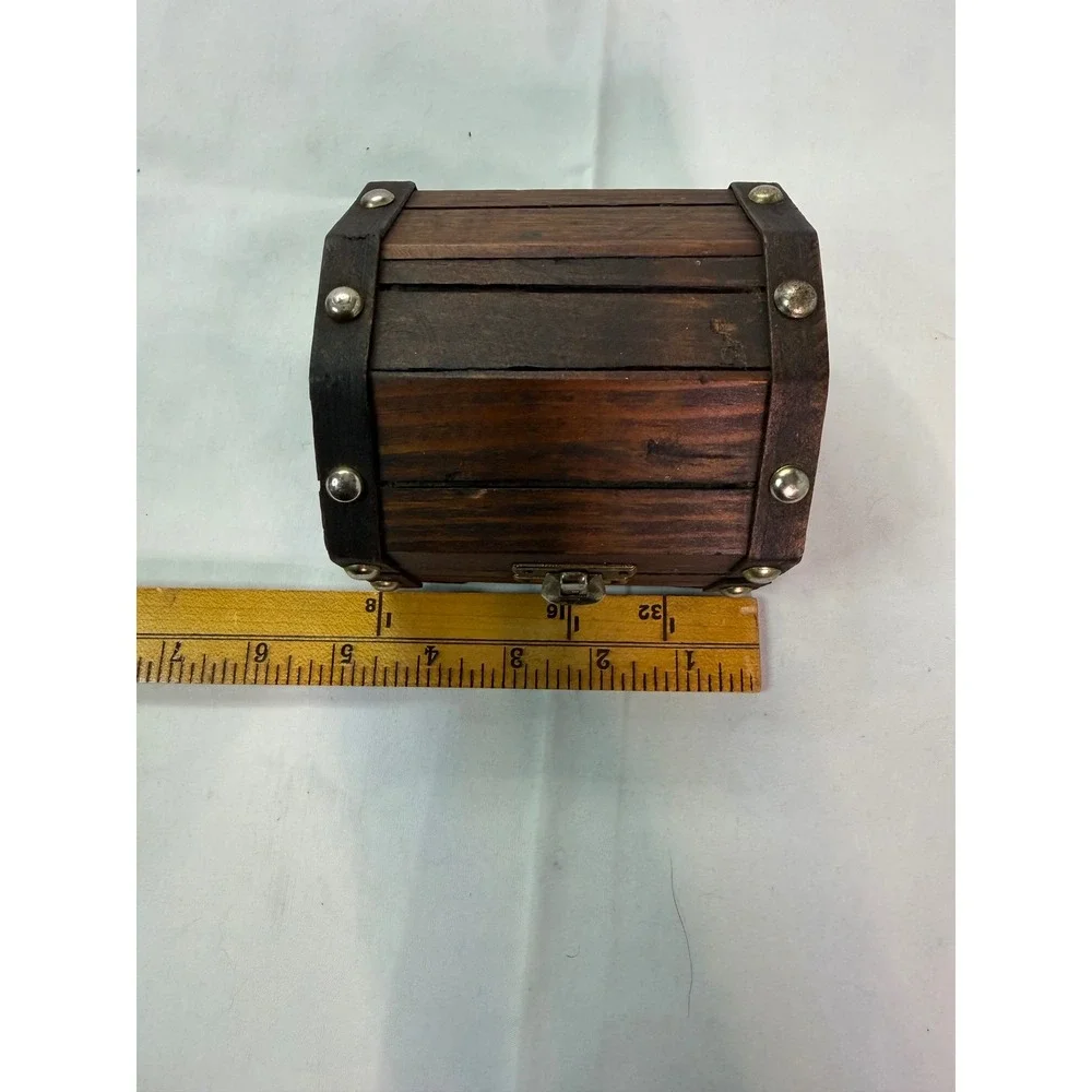 Vintage Wooden Treasure Chest Mini Jewelry Box Trinket Trunk Blue Velvet‎ Lining
